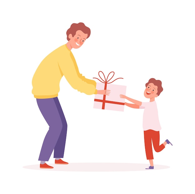 Temps Paternel. Homme Offrant Un Cadeau à Son Fils, à Un Garçon Heureux Et à Un Homme. Frères, Surprise D'anniversaire Ou Illustration Vectorielle Présente. Fête Des Pères Et Des Garçons, Surprise De Joyeux Anniversaire