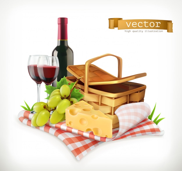 Vecteur temps pour un pique-nique, nature, loisirs de plein air, nappe et panier pique-nique, verres à vin, fromage et raisins, illustration