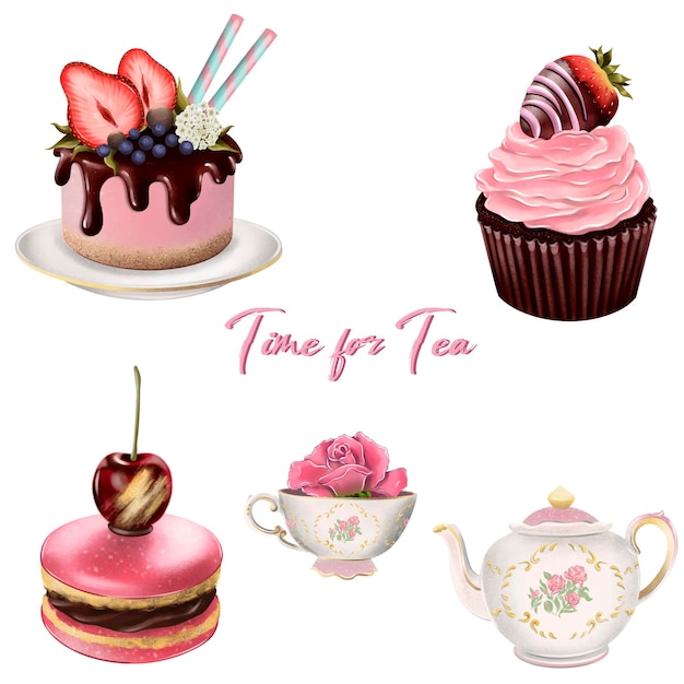 Temps pour le thé. Macarons, muffins, gâteau et une tasse de thé avec une théière. Éléments isolés de vecteur.