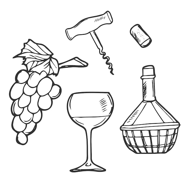 Temps Pour Le Vin Vecteur Croquis Dessinés à La Main Illustration Main Humaine Tenant Verre à Vin Bouteille Fromage