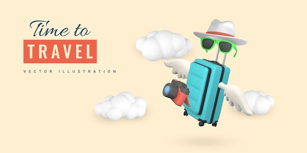 Temps de voyager conception de bannières promotionnelles rendu 3d réaliste appareil photo lunettes de soleil chapeau valise avec des ailes voler dans les nuages illustration vectorielle