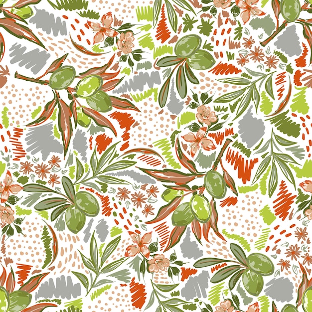 Tendance Et Coloré De Summer Olive Et Foliages Feuilles Style De Traits Brossés, Vecteur De Modèle Sans Couture, Design Pour La Mode, Tissu, Textile, Papier Peint, Couverture, Web, Emballage Et Toutes Les Impressions