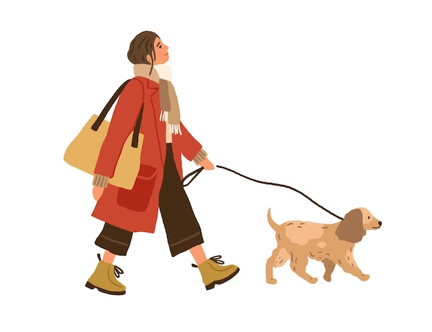 Tendance jeune femme marchant avec un chien. Propriétaire d'animal se promenant avec un chiot mignon en laisse. Illustration vectorielle plane colorée dessinée à la main d'un humain avec un animal isolé sur fond blanc.