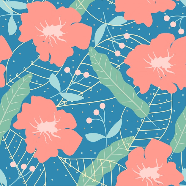 Tendance modèle sans couture avec les feuilles, les plantes et les fleurs tropicales lumineuses