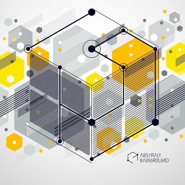 Tendance motif géométrique isométrique fond jaune avec des blocs et des cubes lumineux. Le plan technique peut être utilisé dans la conception Web et comme fond d'écran ou arrière-plan. Arrière-plan parfait pour vos projets de conception.