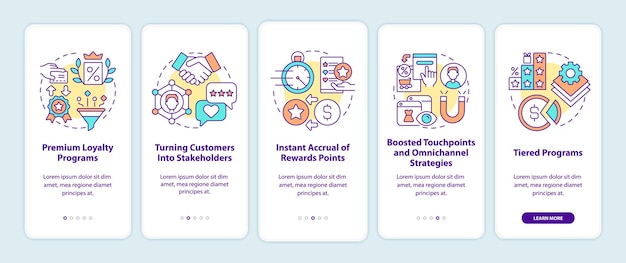 Tendances Du Programme De Fidélité Sur L'écran De La Page De L'application Mobile. Procédure Pas à Pas Du Programme De Récompense En 5 étapes Avec Des Concepts. Modèle Vectoriel Ui, Ux, Gui Avec Illustrations Linéaires En Couleurs