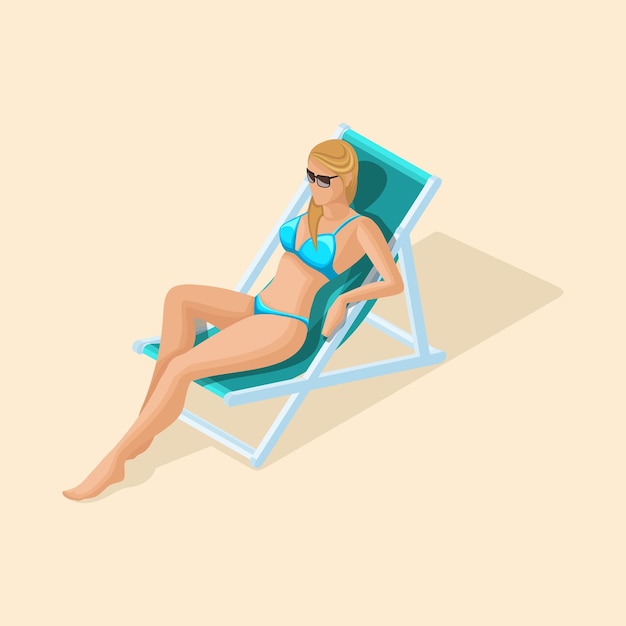 Vecteur tendances isométriques 3d fille sexy en maillot de bain assis sur la plage