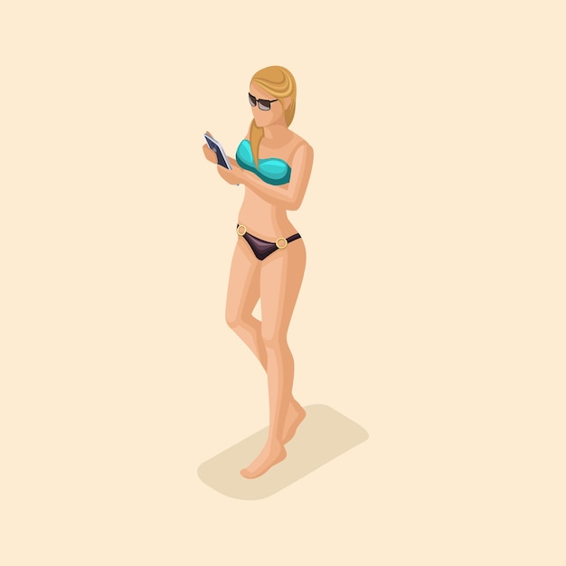 Vecteur tendances isométriques 3d fille sexy en maillot de bain marchant sur la plage