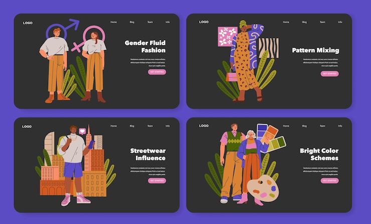 Vecteur les tendances de la mode définissent des styles neutres en termes de genre, des motifs éclectiques, des vêtements de rue urbains, des palettes de couleurs vives.