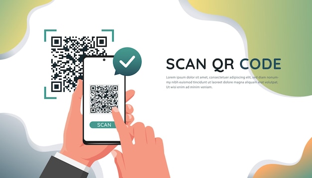 Vecteur tenez un smartphone à la main pour scanner le code qr pour le paiement en ligne, les transactions d'achat, le lien du site web et les informations de contact sur les services d'applications mobiles.