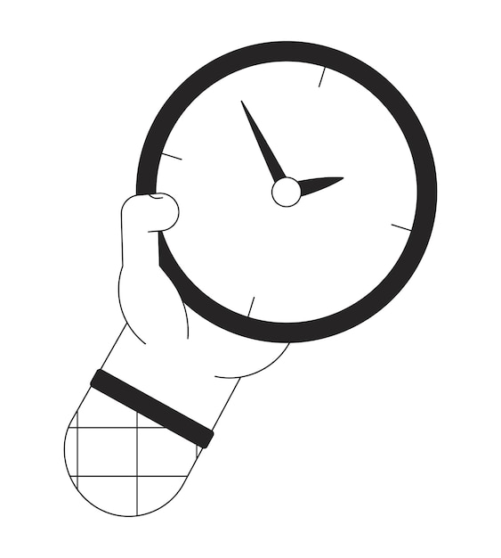 Vecteur tenir l'horloge pour vérifier l'heure bw concept vector spot illustration affichage de l'heure 2d dessin animé ligne plate aiguille monochromatique pour la conception d'interface utilisateur web editable contour isolé image du héros