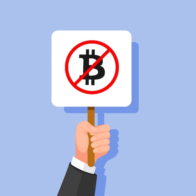 Tenir la main avertissant aucun symbole de bitcoin pour protester et interdire le vecteur d'illustration de dessin animé de crypto-monnaie