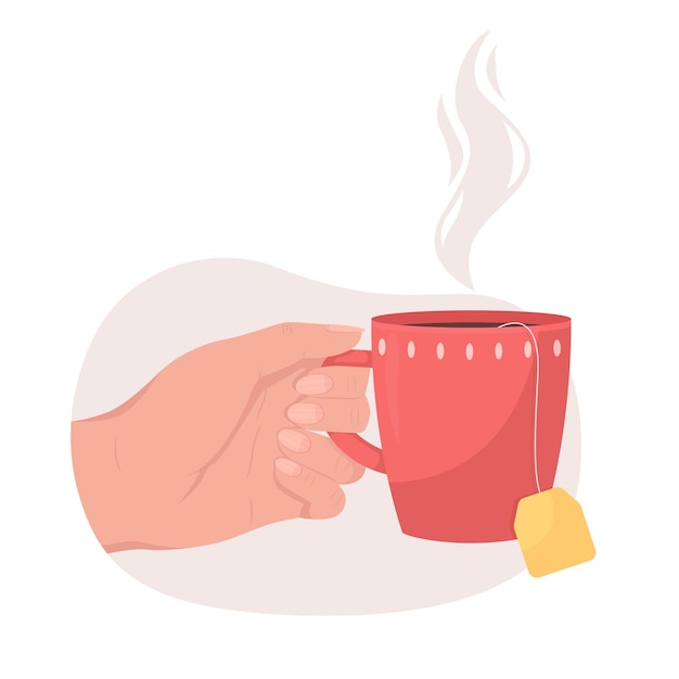 Vecteur tenir une tasse rouge de thé aromatique illustration vectorielle 2d isolée
