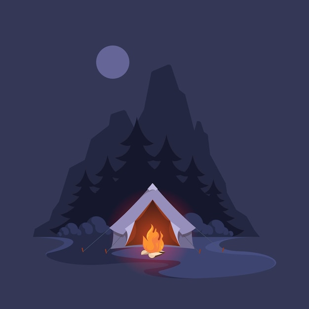 Tente De Camp De Nuit Paysage Sombre Avec Des Arbres De Montagne Et Aventure D'abri Pour Les Voyageurs Heureux Fond D'illustrations Vectorielles Criardes