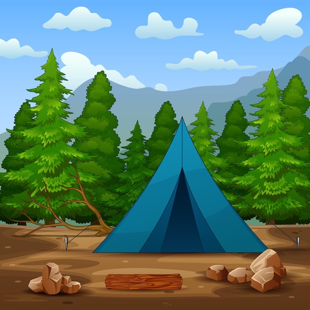 Une Tente De Camping Bleue Dans Le Fond De La Forêt