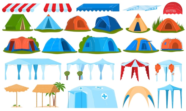 Tentes de camping, auvent, ensemble d'auvent d'illustrations isolées.