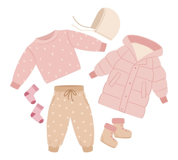 Tenue de bébé mignon Dessin animé bébé fille vêtements décontractés mignon petit pantalon doudoune et accessoires illustration vectorielle plane sur fond blanc