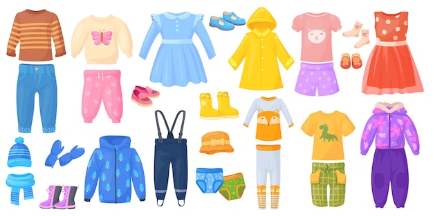 Vecteur tenue saisonnière pour enfants bébé enfant automne hiver printemps été vêtements enfants coloration vêtements mâle pantalon chaud pull manteau robe chemise dessin animé vêtements illustration vectorielle soignée