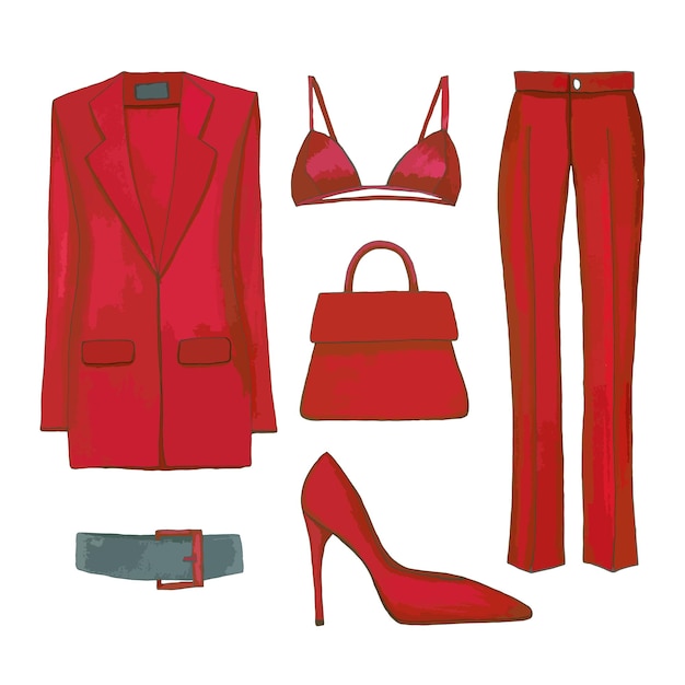 Tenue de vêtements de mode en couleur rouge costume rouge sac de mode ceinture en cuir et chaussure