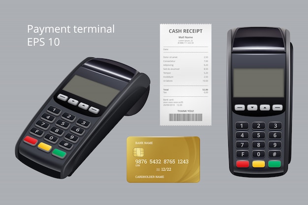 Terminal de paiement. Machine de terminaison de carte de crédit nfc reçu de paiement mobile pour des marchandises illustrations réalistes