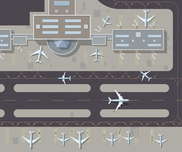 Vecteur terminal de passagers vue de dessus de l'aéroport et piste avec avions stationnés vue aérienne de haut en bas d'un terminal d'aéroport très fréquenté la piste de l'avion hangar de bâtiments pour avions illustration vectorielle