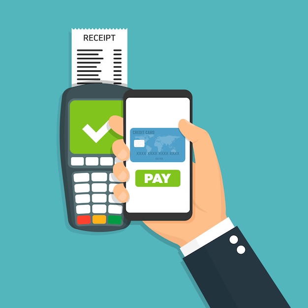 Vecteur le terminal pos confirme le paiement par smartphone vector illustration.