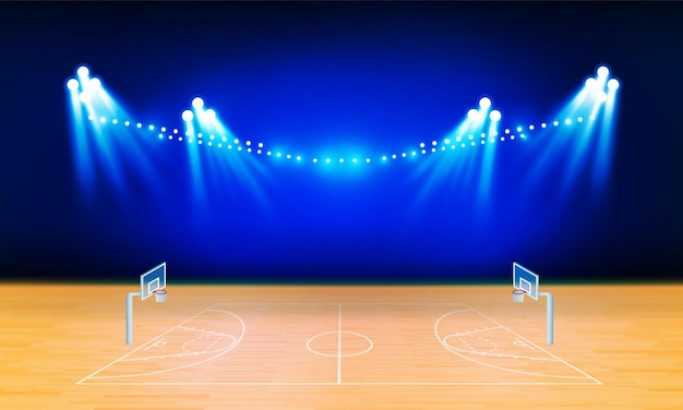 Vecteur terrain de basket-ball avec des lumières de stade lumineuses