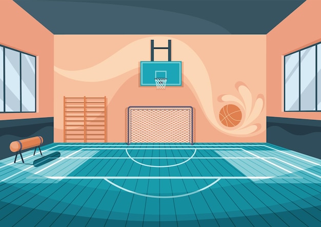 Vecteur terrain de basket scolaire gymnase de dessin animé avec panier de basket et but de football ou équipement de gymnastique aire de jeux confortable pour jouer à des jeux actifs et s'entraîner illustration vectorielle de style plat