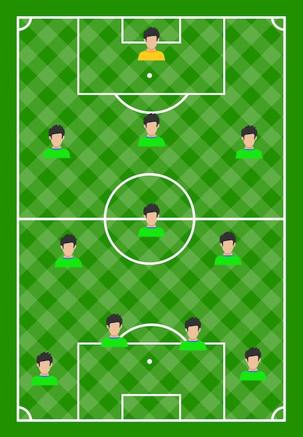 Terrain de football avec de l'herbe verte et avec onze joueurs Illustration vectoriellexA