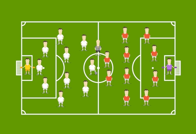 Vecteur terrain de football vert avec des joueurs de football. modèle d'infographie