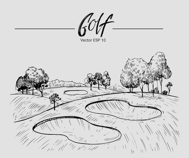 Vecteur terrain de golf. illustration vectorielle de croquis. club de golf, tournoi de golf