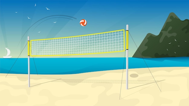 terrain de volley-ball de plage avec filet sur fond de paysage marin front de mer avec volley-bal de plage