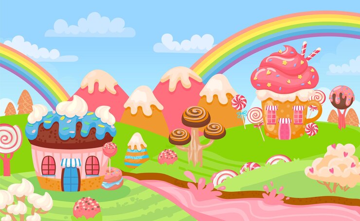 Vecteur terre de bonbons maisons de biscuits au chocolat et arbres à caramel