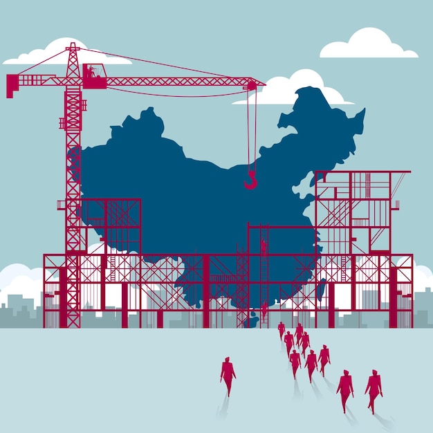 Vecteur le territoire chinois est en construction. un groupe d'hommes d'affaires se dirigea vers le chantier.