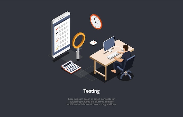 Test Concept Design Cartoon Style 3D Illustration vectorielle isométrique avec programme de texte ou application