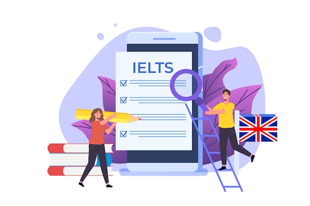 Test et examen de compétence en anglais IELTS International English Language Testing System Illustration vectorielle