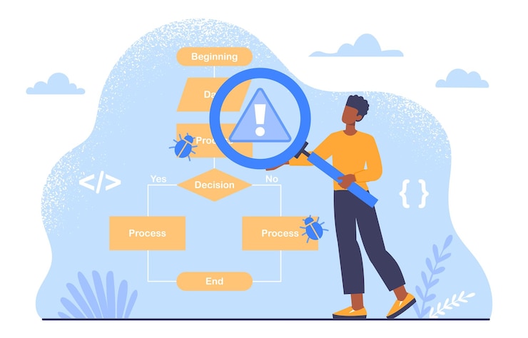 Vecteur testeur de logiciels avec concept de loupe homme avec loupe regarder la structure de l'application ou du programme programmeur et spécialiste informatique à la recherche de bugs illustration vectorielle plate de dessin animé