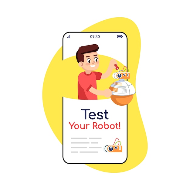Testez L'écran De L'application De Votre Smartphone Sur Les Médias Sociaux De Votre Robot. écrans De Téléphone Portable Avec Maquette De Conception De Personnages De Dessins Animés. Interface Téléphonique D'application D'instructions De Montage De Construction électronique