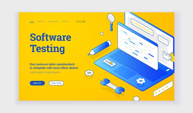 Tests De Logiciels. éléments Contemporains D'ordinateur Portable Et Outils Pour Page Web Offrant Des Informations Sur Les Tests De Logiciels Modernes. Bannière Web Isométrique, Modèle De Page De Destination