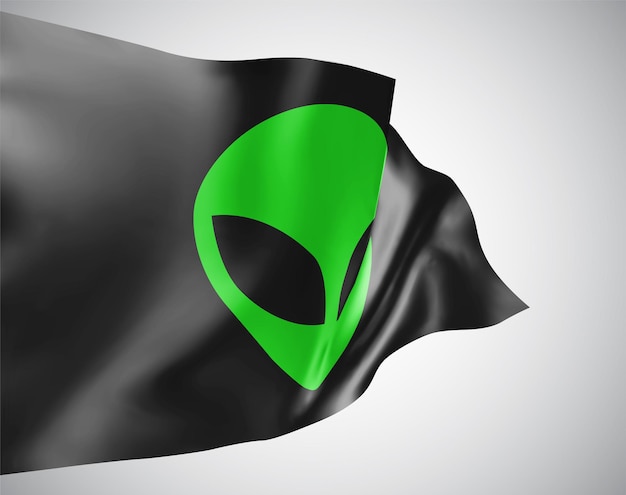 Tête D'alien Vert Sur Drapeau 3d Noir Isolé Sur Fond Blanc