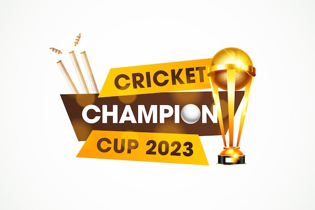 Vecteur en-tête ou bannière de la coupe du championnat de cricket 2023 avec trophée gagnant et souches sur fond blanc
