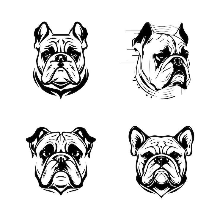 Vecteur tête de bouledogue en colère logo silhouette collection ensemble illustration dessinée à la main