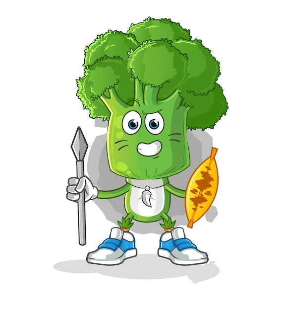 Tête De Brocoli Dessin Animé Vecteur De Dessin Animé De Mascotte De Combattant Tribal Africain