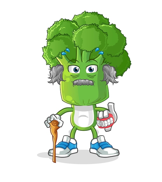 Tête de brocoli dessin animé vecteur de personnage de vieil homme aux cheveux blancs