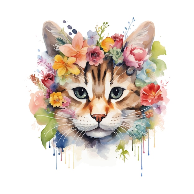 Vecteur tête de chat à l'aquarelle avec illustration de fleurs