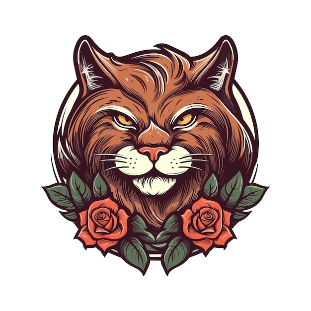 Tête de chat ornée de fleurs délicates présentées dans une illustration fantaisiste de clip art vectoriel