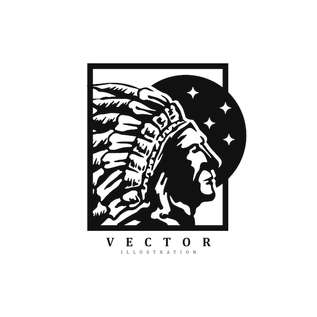 Vecteur tête de chef indien amérindien haut de gamme avec coiffure et vecteur de conception du logo de l'étoile de lune