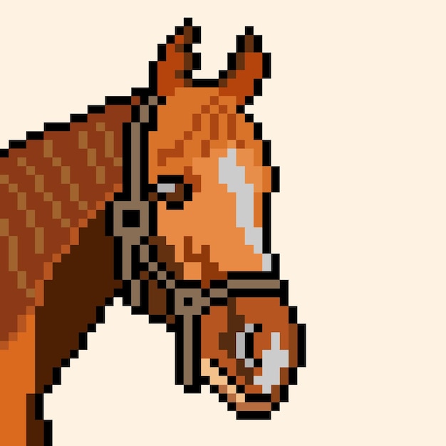 Tête De Cheval Avec Pixel Art Sur Fond Blanc.