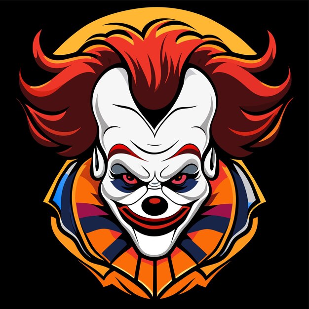 Tête De Clown Effrayante Avec Des Cheveux Rouges Dessinée à La Main Plate Autocollant De Dessin Animé élégant Concept D'icône Isolé