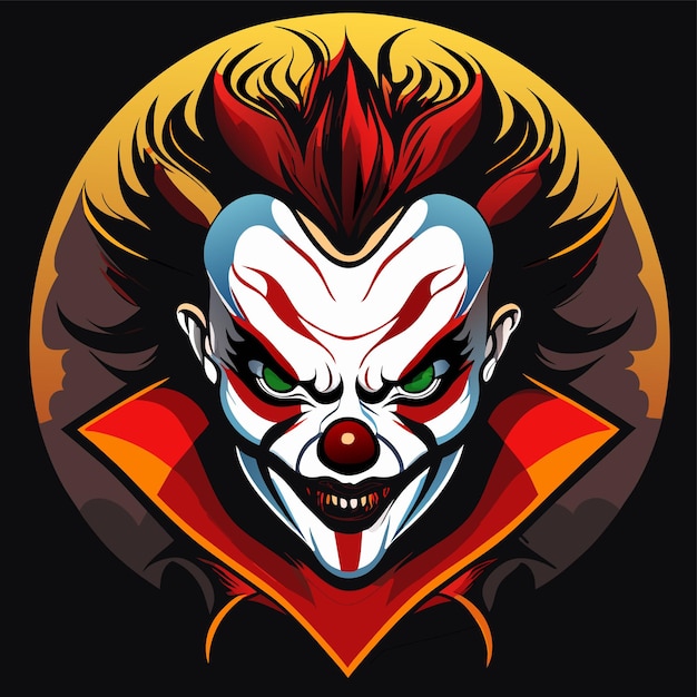 Tête de clown effrayante avec des cheveux rouges dessinée à la main plate autocollant de dessin animé élégant concept d'icône isolé